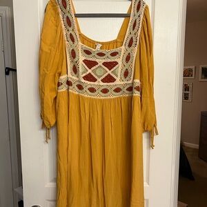 Cato Mustard Yellow Long-Sleeve Boho Midi Dress with Crochet Inset